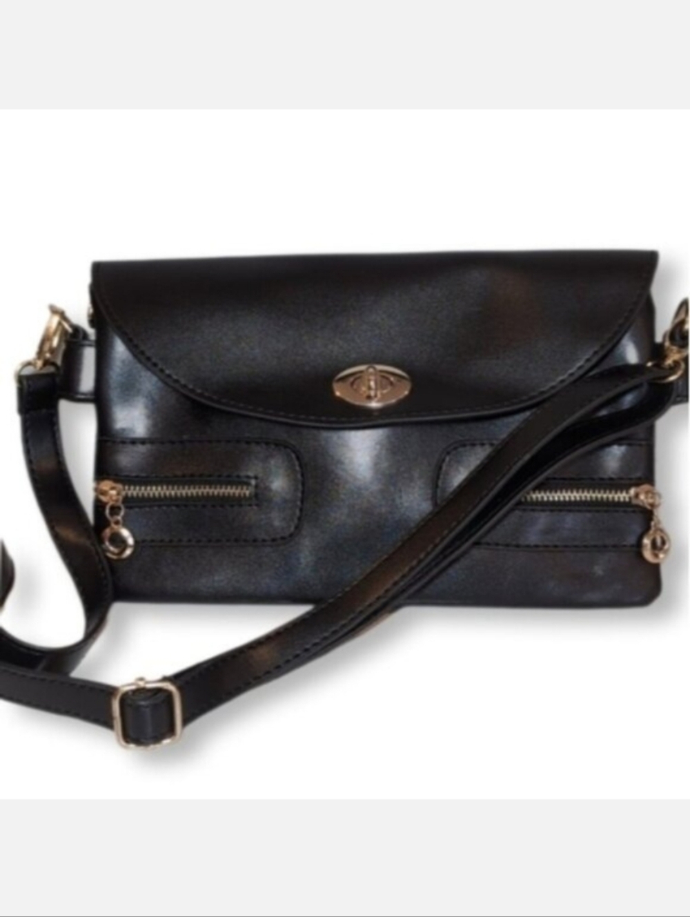 Marco Fabrinni Black Faux Leather Shoulder Bag Rectangular Turn Lock